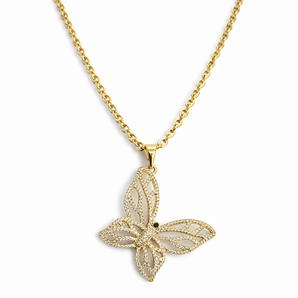 Gold Plated Butterfly Necklace  Chain  CZ Pendant  Elegant Dainty
